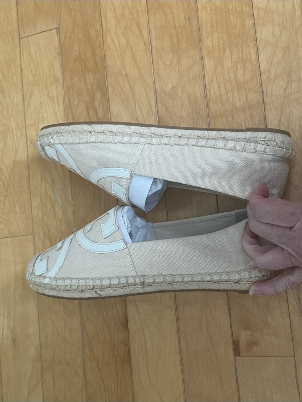 Tory Burch Cream Canvas & White Leather Logo Espadrille Flats - Picture 6 of 12